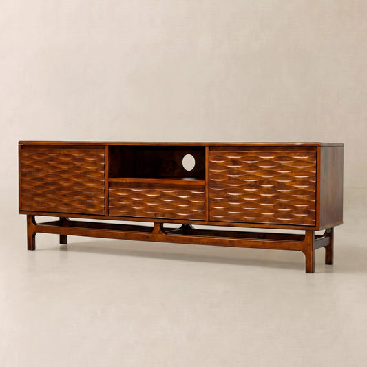Mueble de TV de madera maciza Acacia Elara con almacenamiento y gestión de cables para televisores de hasta 80"