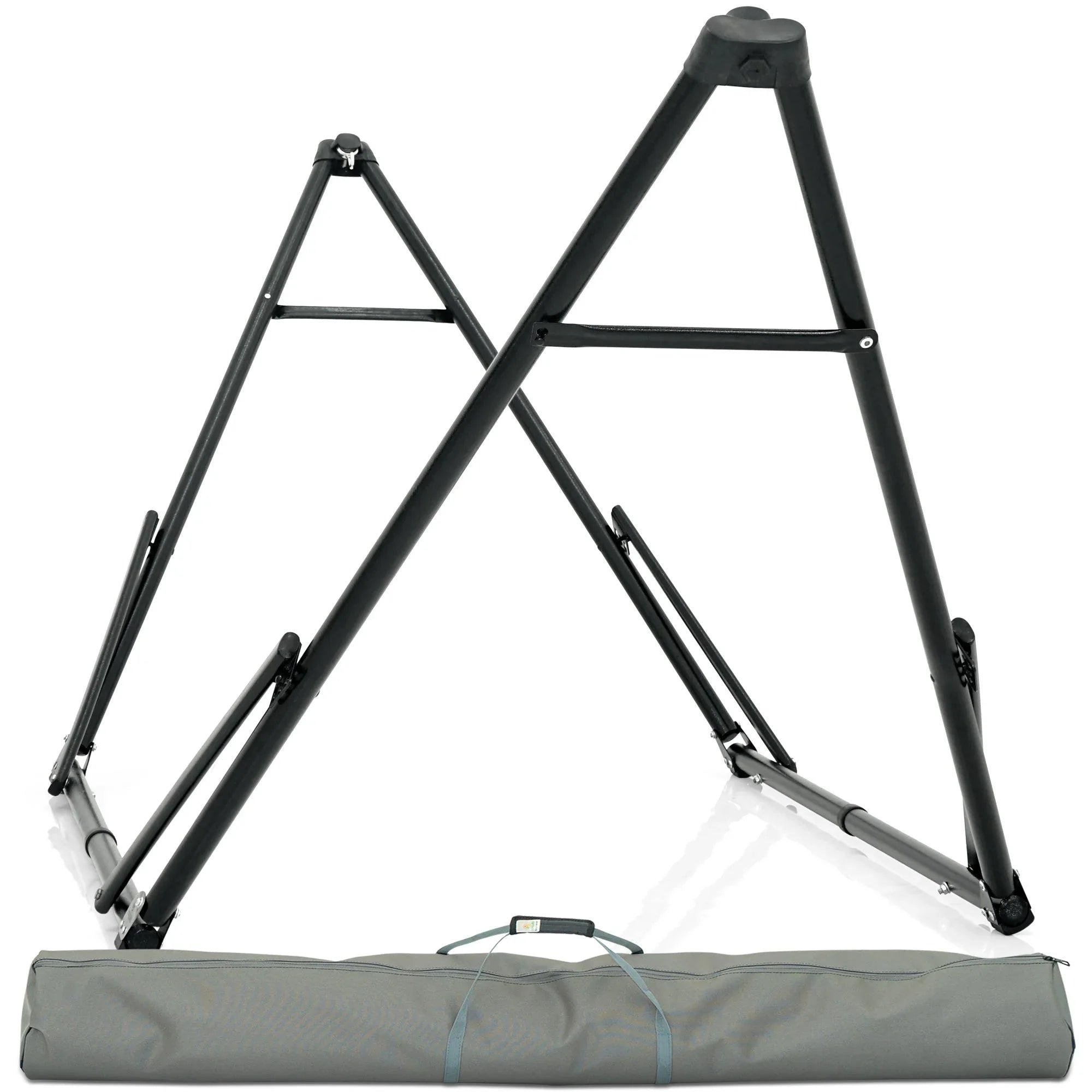 A black, metal A-frame hammock stand with a collapsible design, displayed next to a grey carrying case. A black, metal A-frame hammock stand with a collapsible design, displayed next to a grey carrying case.