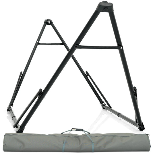 A black, metal A-frame hammock stand with a collapsible design, displayed next to a grey carrying case.