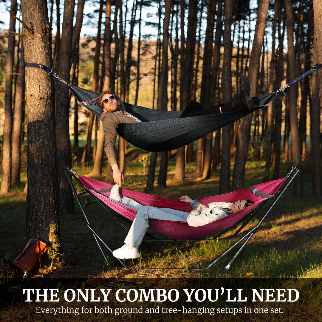 Two people relaxing in hammocks in a forest setting with text promoting a combo set. Two people relaxing in hammocks in a forest setting with text promoting a combo set.