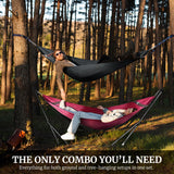 Two people relaxing in hammocks in a forest setting with text promoting a combo set. Two people relaxing in hammocks in a forest setting with text promoting a combo set.