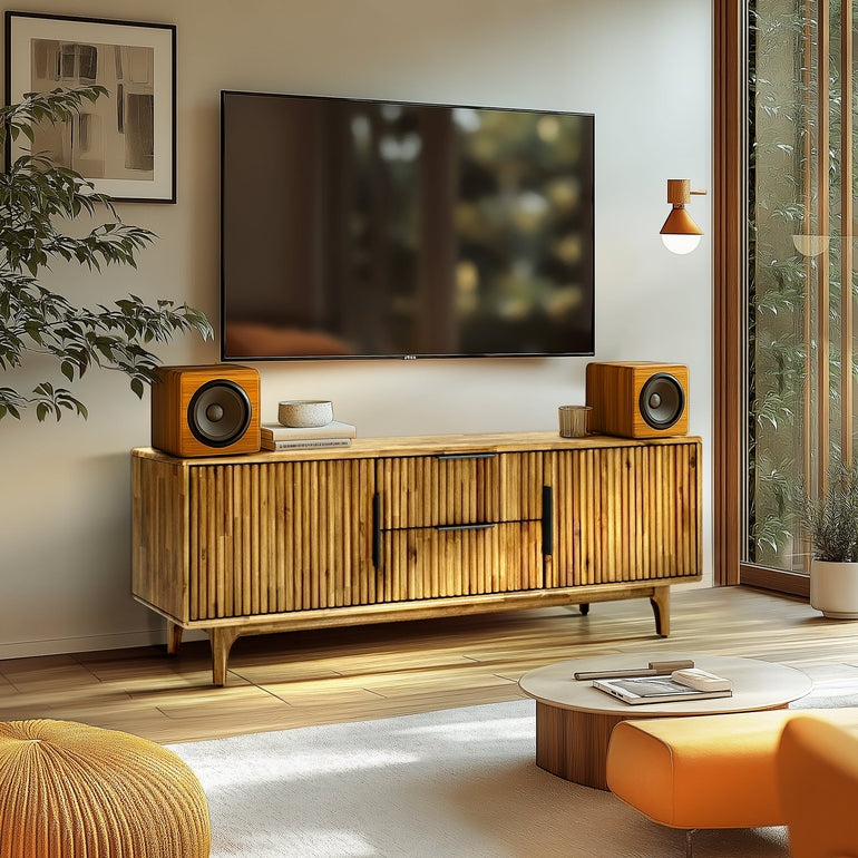 Megsu Bosk Wood Fluted TV Stand with Storage for TVs up to 60”, Soft-Close Drawers & Cabinets, Mid-Century Media Console Table, Home Entertainment Center for Living Room, Bedroom, Office, Easy Setup.