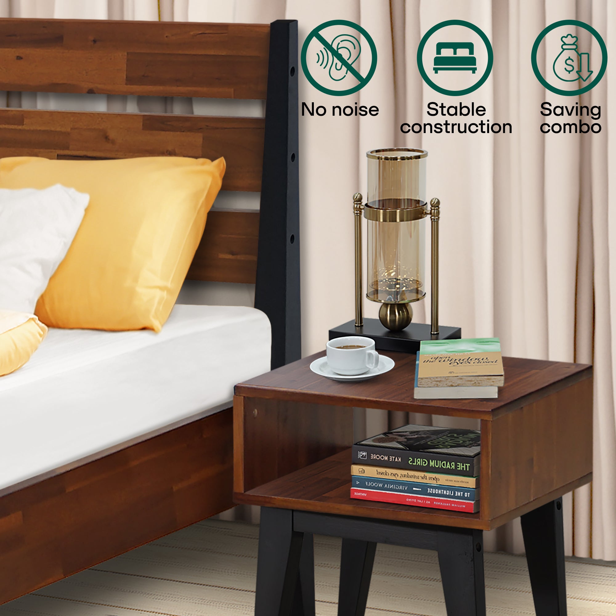 Ensemble de chambre à coucher avec cadre de lit et table de chevet en bois massif Emery