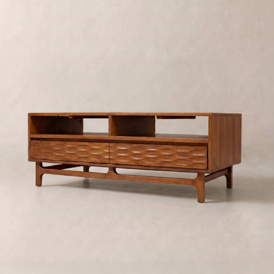 Mesa de centro rectangular Acacia Elara de 120 cm con cajones y espacio de almacenamiento abierto 