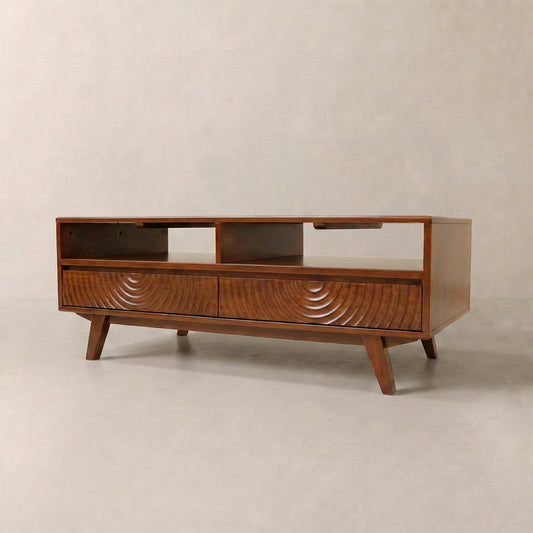 Mesa de centro de madera Acacia Harmony con cajones y espacio de almacenamiento abierto 