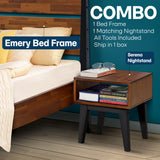 Ensemble de chambre à coucher avec cadre de lit et table de chevet en bois massif Emery