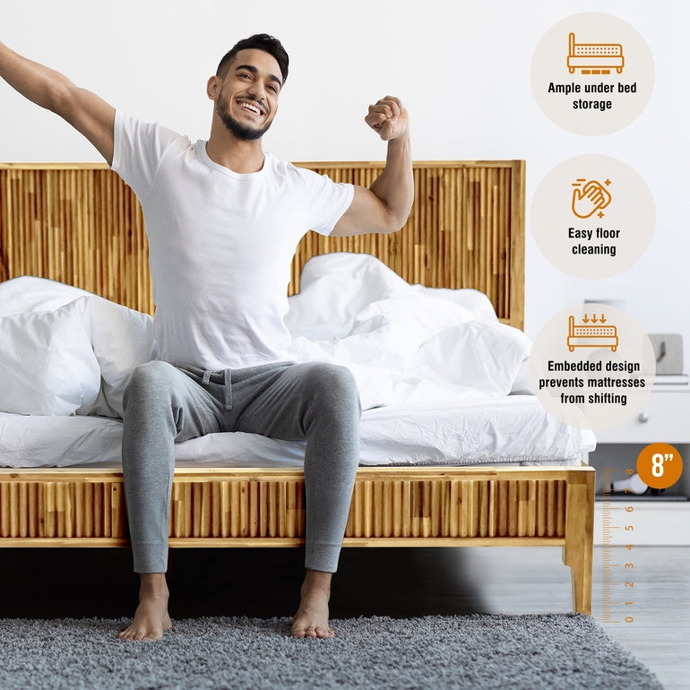 Megsu Bosk Acacia Wood Bed Frame with Headboard,  King & Queen Size Fluted Pattern Inspired, Mid-Century Modern Style Platform Bed – FSC Certified, Noise-Free, Easy Assembly, No Box Spring Needed