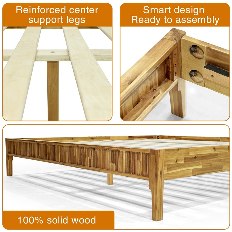 Megsu Bosk Acacia Wood Bed Frame with Headboard,  King & Queen Size Fluted Pattern Inspired, Mid-Century Modern Style Platform Bed – FSC Certified, Noise-Free, Easy Assembly, No Box Spring Needed