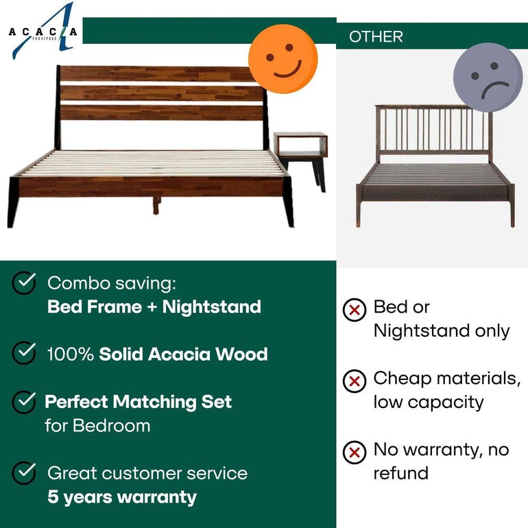 Acacia Emery Solid Wood Bed Frame & Nightstand Bedroom Set - Megsu