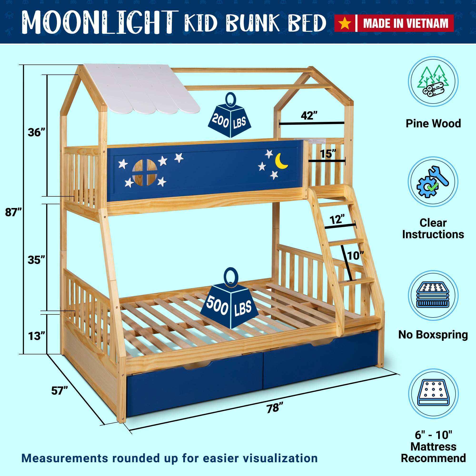 Moonlight Kid Bunk Bed - Stylish and Space-Saving Bunk Bed for Kids - Megsu