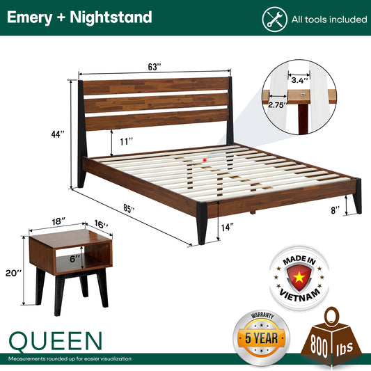 Ensemble de chambre à coucher avec cadre de lit et table de chevet en bois massif Emery