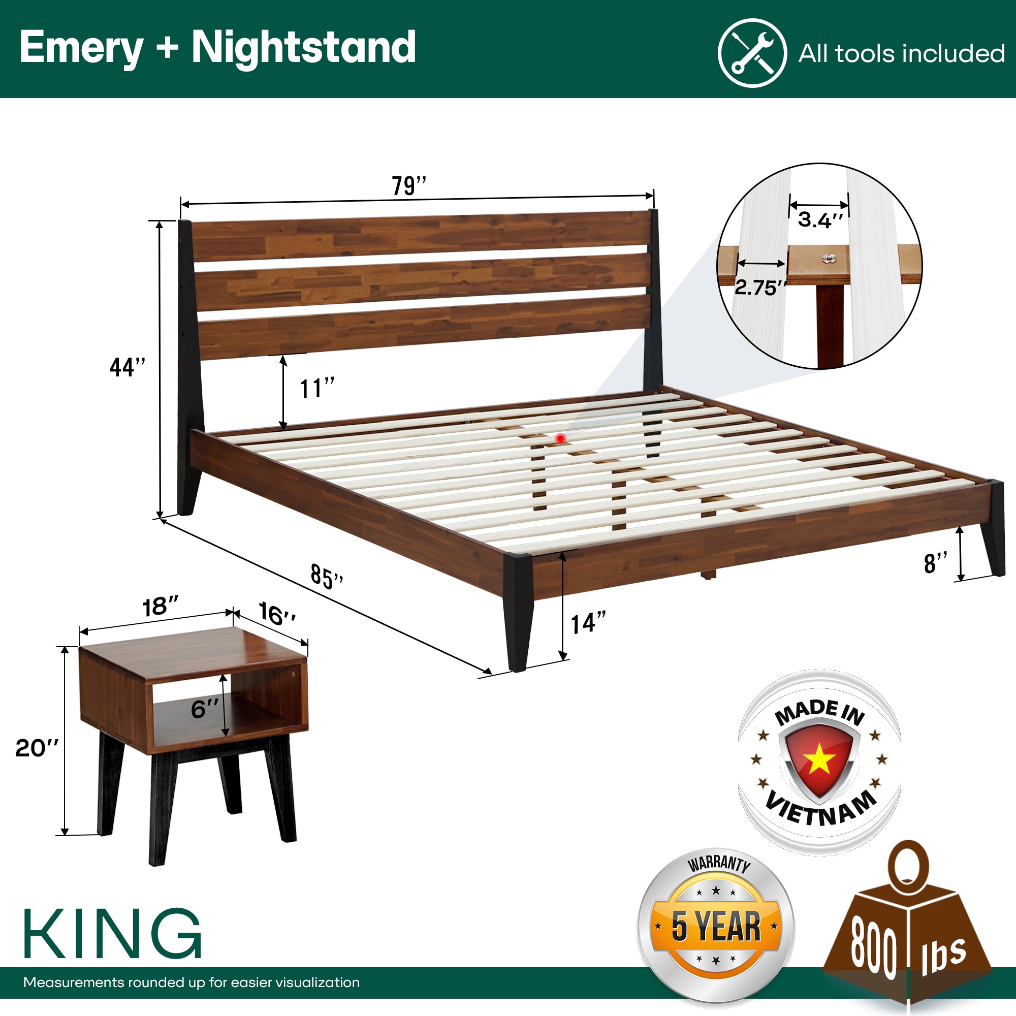 Ensemble de chambre à coucher avec cadre de lit et table de chevet en bois massif Emery