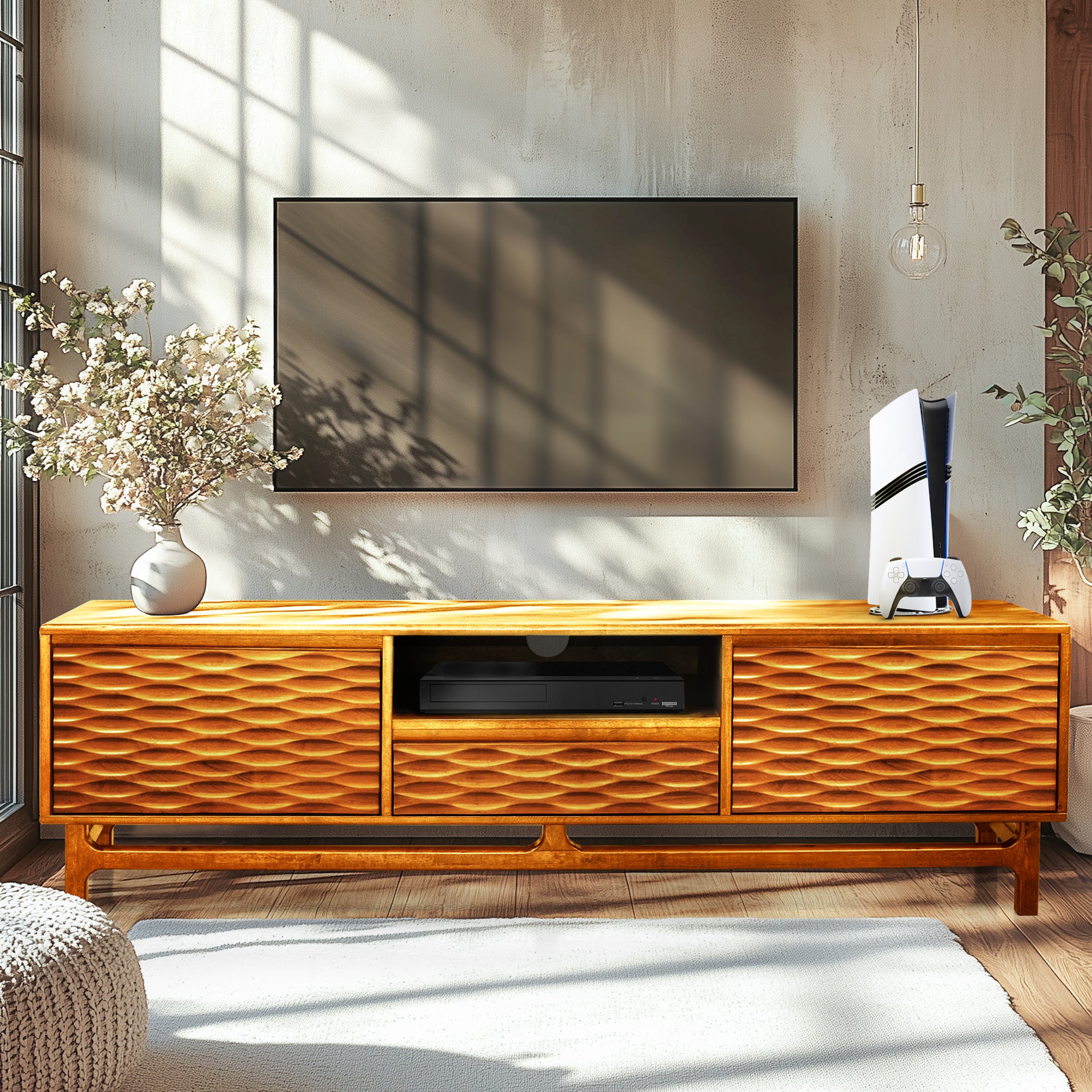 Meuble TV Elara avec rangement et gestion des câbles pour téléviseurs jusqu'à 80" 