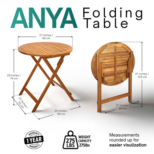 Tranquillo Anya Foldable Round Solid Acacia Wood Outdoor Table