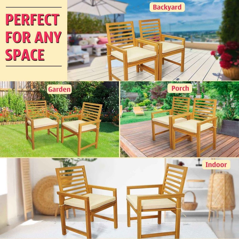 Tranquillo Solara Acacia Wood Outdoor Chairs Set of 2 with Cushions - Megsu
