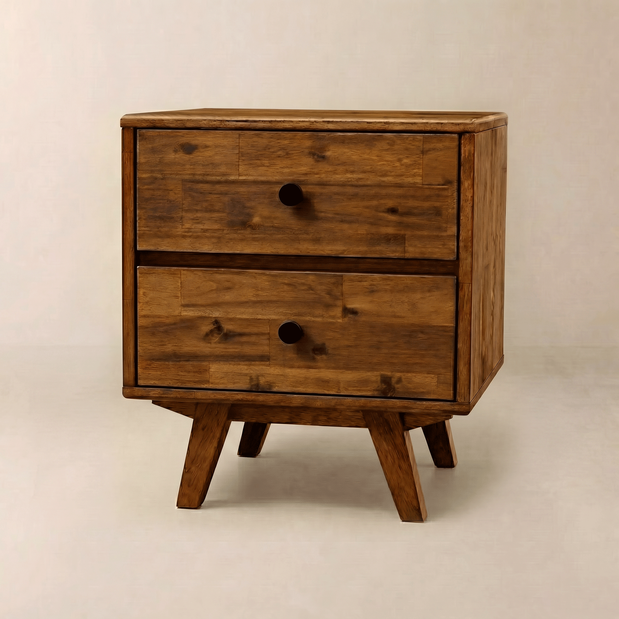 Mesita de noche de madera maciza Acacia Silvia con dos cajones para dormitorios modernos