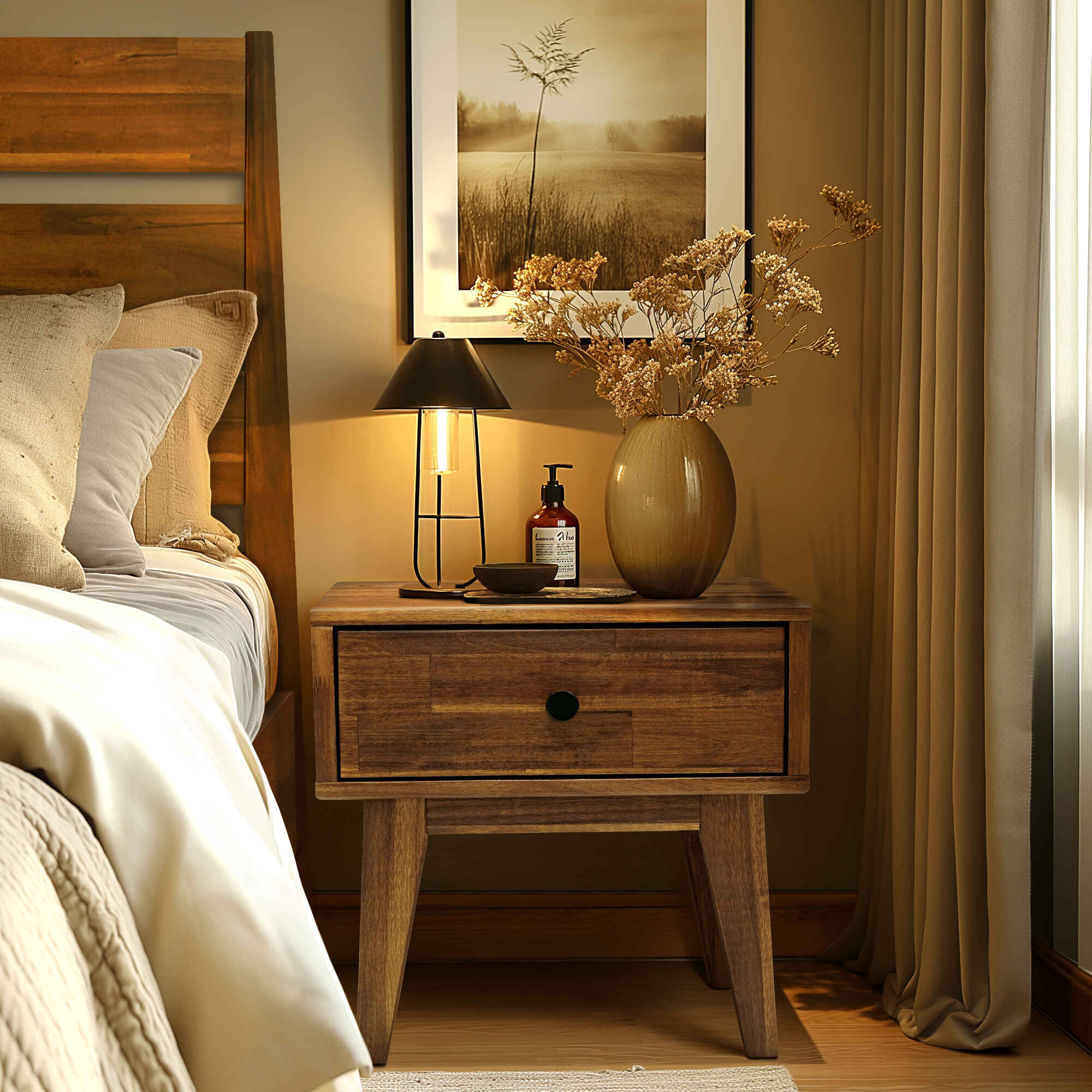 Acacia Sofia 1-Drawer Solid Wood Nightstand - Megsu