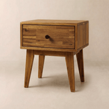 Mesita de noche de madera maciza Acacia Sofia con un cajón para un almacenamiento elegante