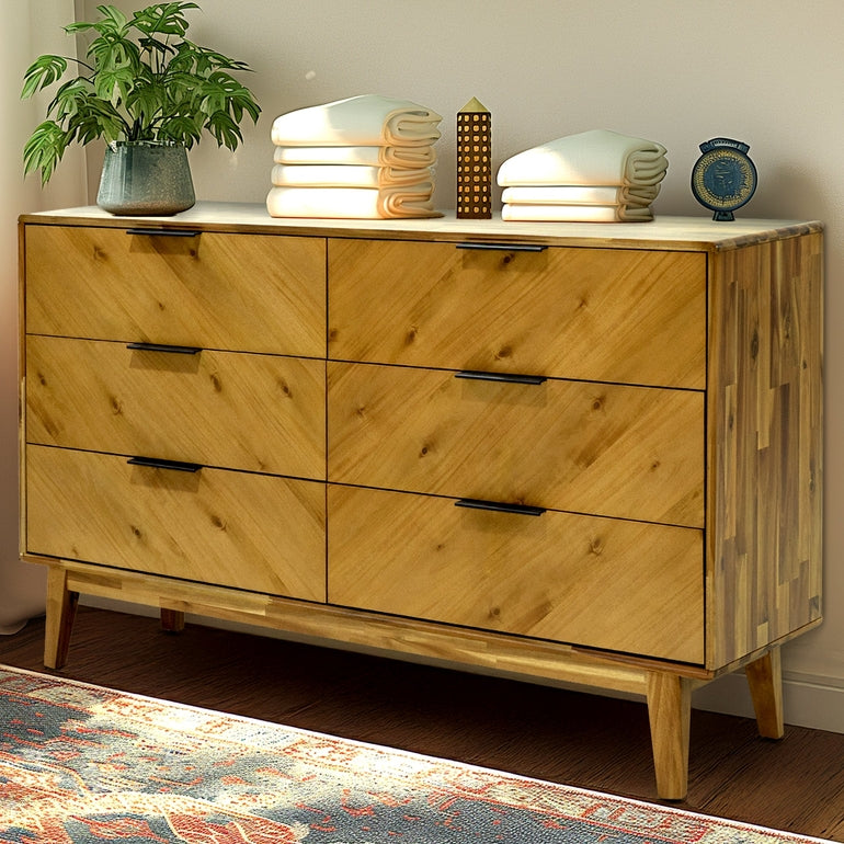 Megsu Veyron 6 Drawers Dresser, 54” Wide Dressers with Walnut/Oak Finish, Soft-Close Glides, Spacious Storage, Mid-Century Modern Inspired, Easy Setup