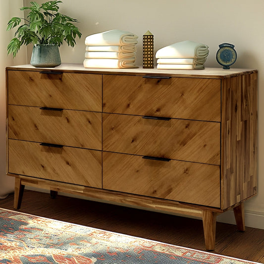 Megsu Veyron 6 Drawers Dresser, 54” Wide Dressers with Walnut/Oak Finish, Soft-Close Glides, Spacious Storage, Mid-Century Modern Inspired, Easy Setup
