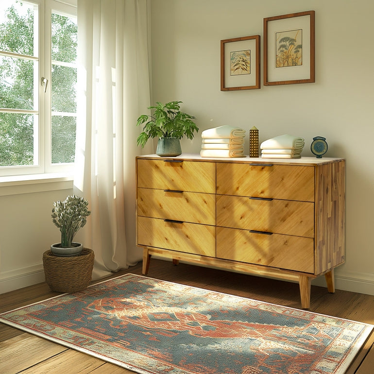 Megsu Veyron 6 Drawers Dresser, 54” Wide Dressers with Walnut/Oak Finish, Soft-Close Glides, Spacious Storage, Mid-Century Modern Inspired, Easy Setup