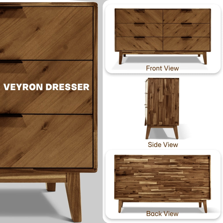 Megsu Veyron 6 Drawers Dresser, 54” Wide Dressers with Walnut/Oak Finish, Soft-Close Glides, Spacious Storage, Mid-Century Modern Inspired, Easy Setup