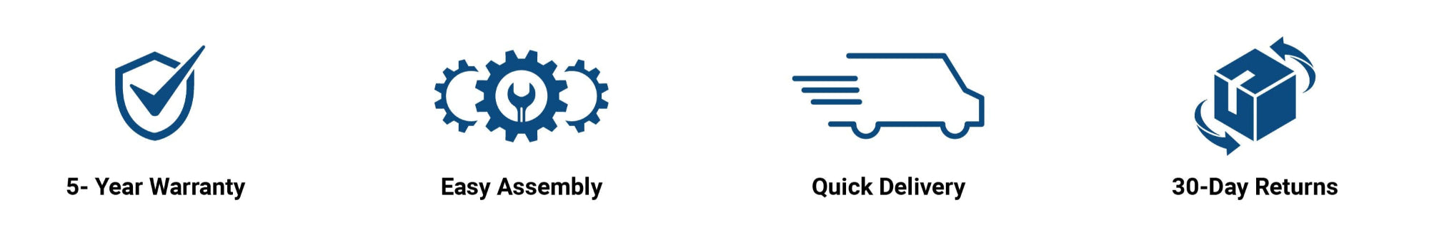 Set of icons representing 5-year warranty, easy assembly, quick delivery, and 30-day returns.